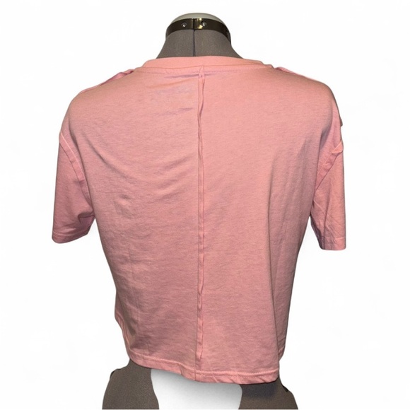 Barbie | Silver Rhinestone Logo Crop Tee | Pink Raw Seam T-Shirt | Size S - Picture 3 of 7